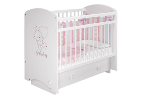 Кроватка для новорожденных  "Эмили" с поперечным маятником, (Белый/белый/мишка)
