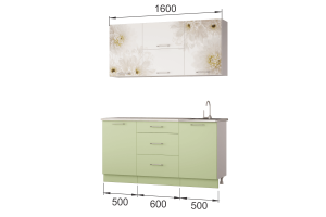 Гарнитур кухонной мебели "Флоренс-Грин 1,6" (накл.мойка) (белый гл/зел.суперматовый)